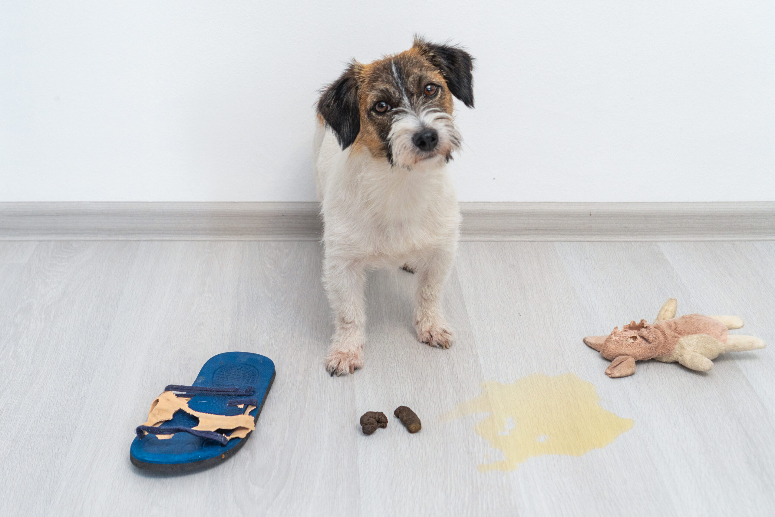 Jack Russell Terrier dog made a home mess and peed on the floor