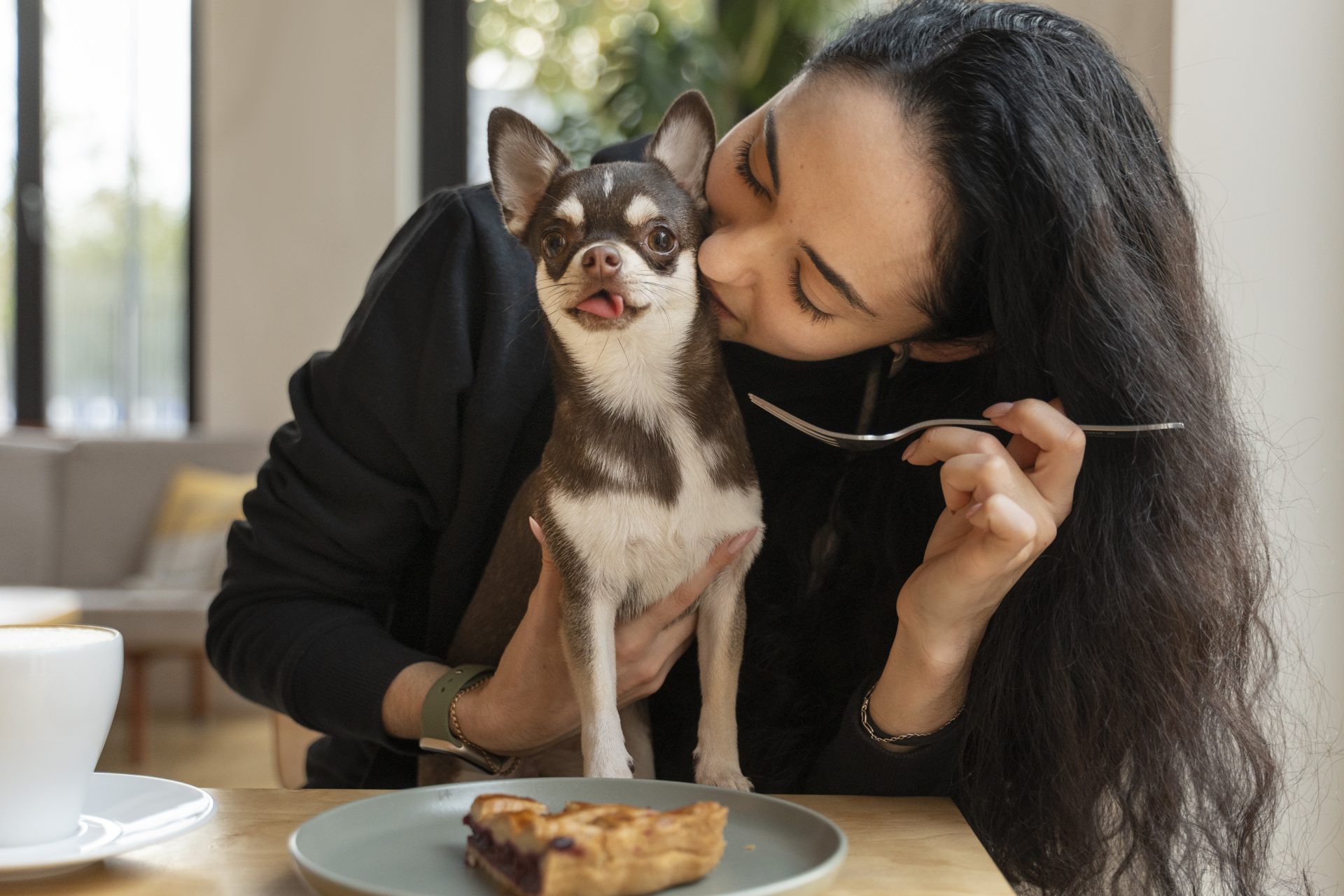 chihuahua dog with female owner in cafe