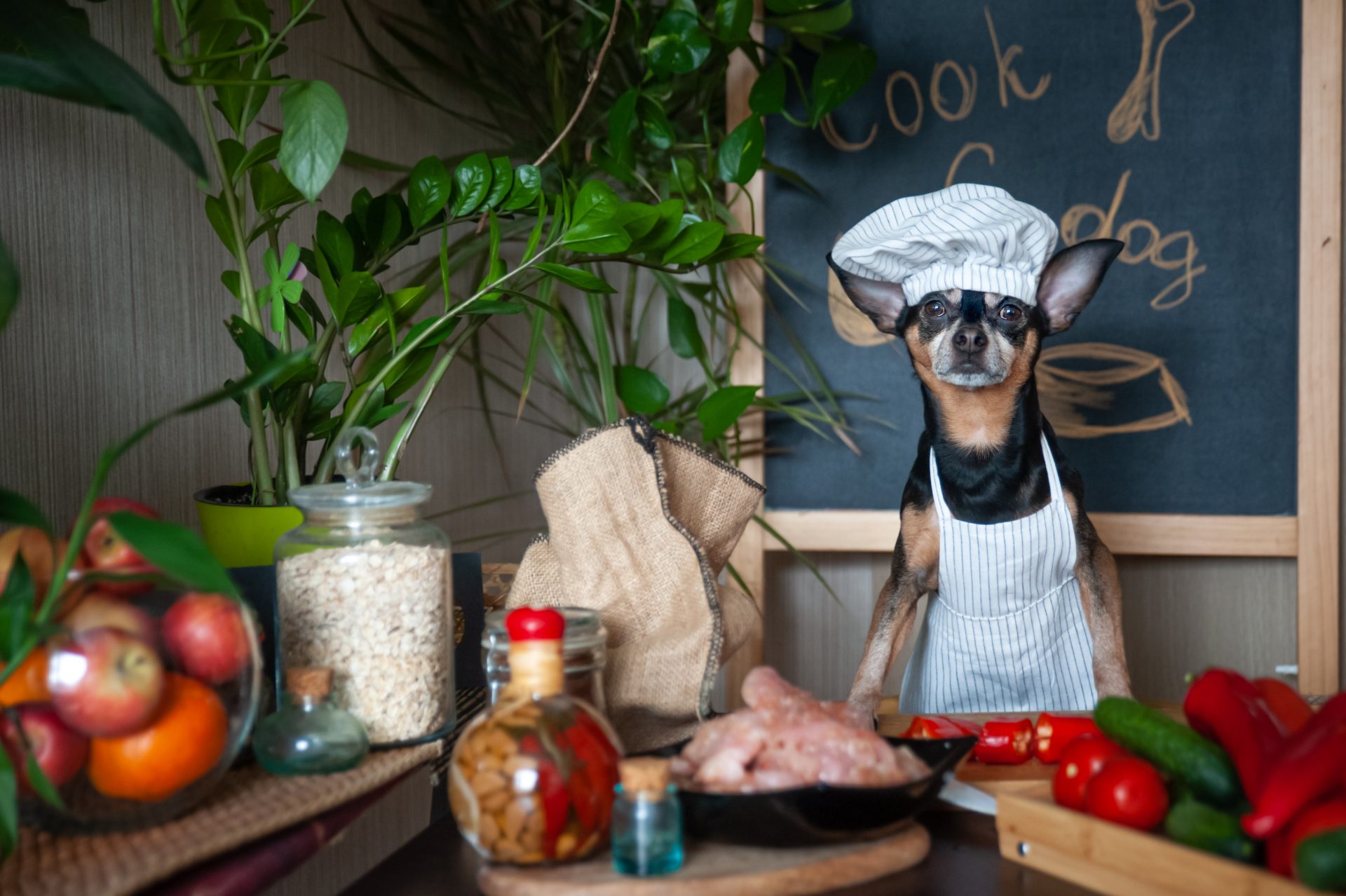 dog dressed in chef cap and apron in kitchen filled with fresh ingredients