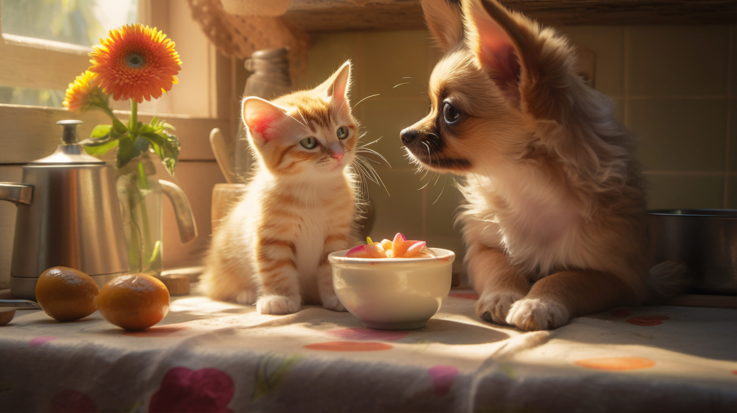 adorable-looking-kitten-with-dog-looking-at-their-food-bowl
